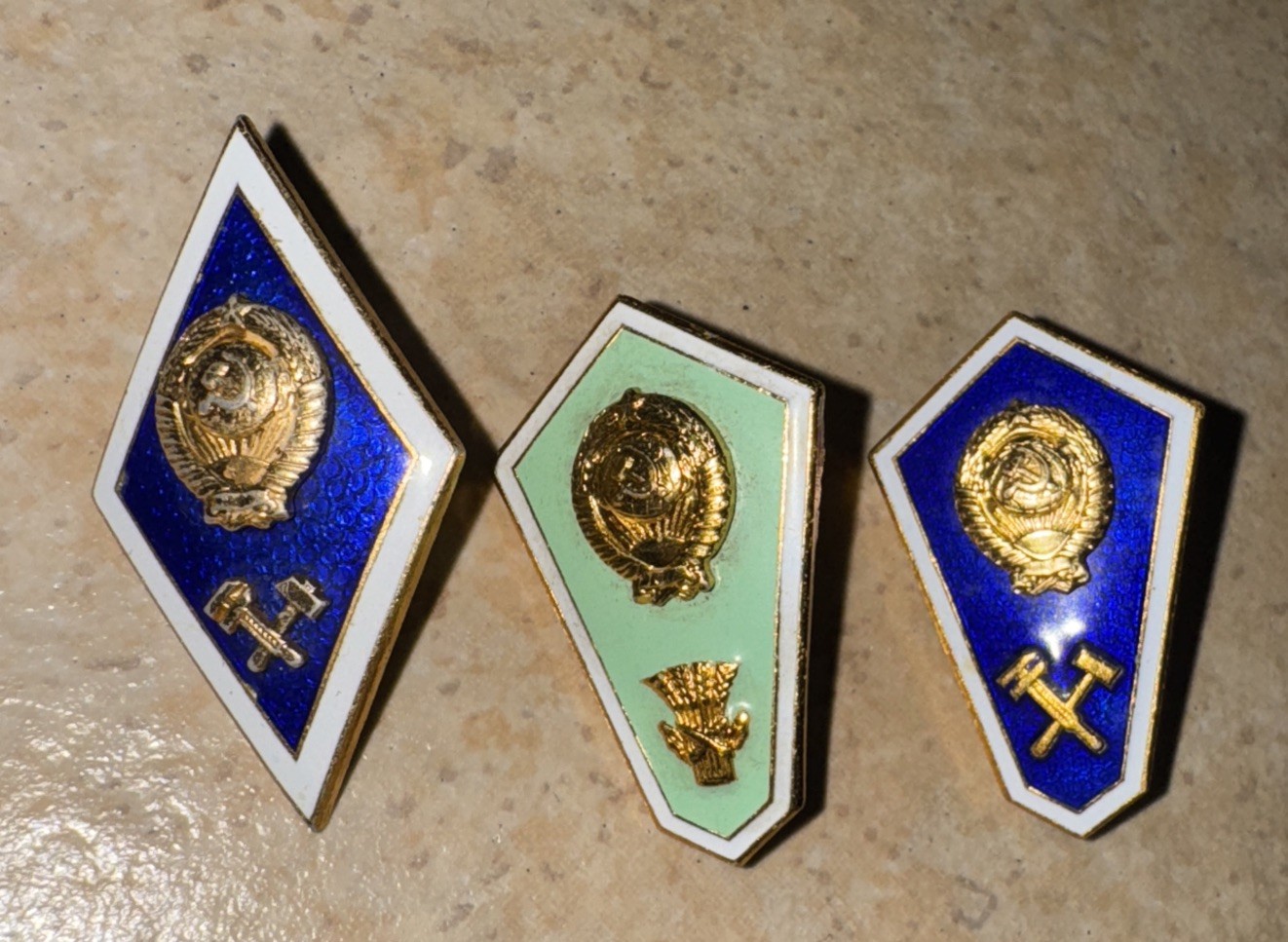 Vintage Soviet USSR 3 University Graduation Badges Lapel Pins Blue White Enamel