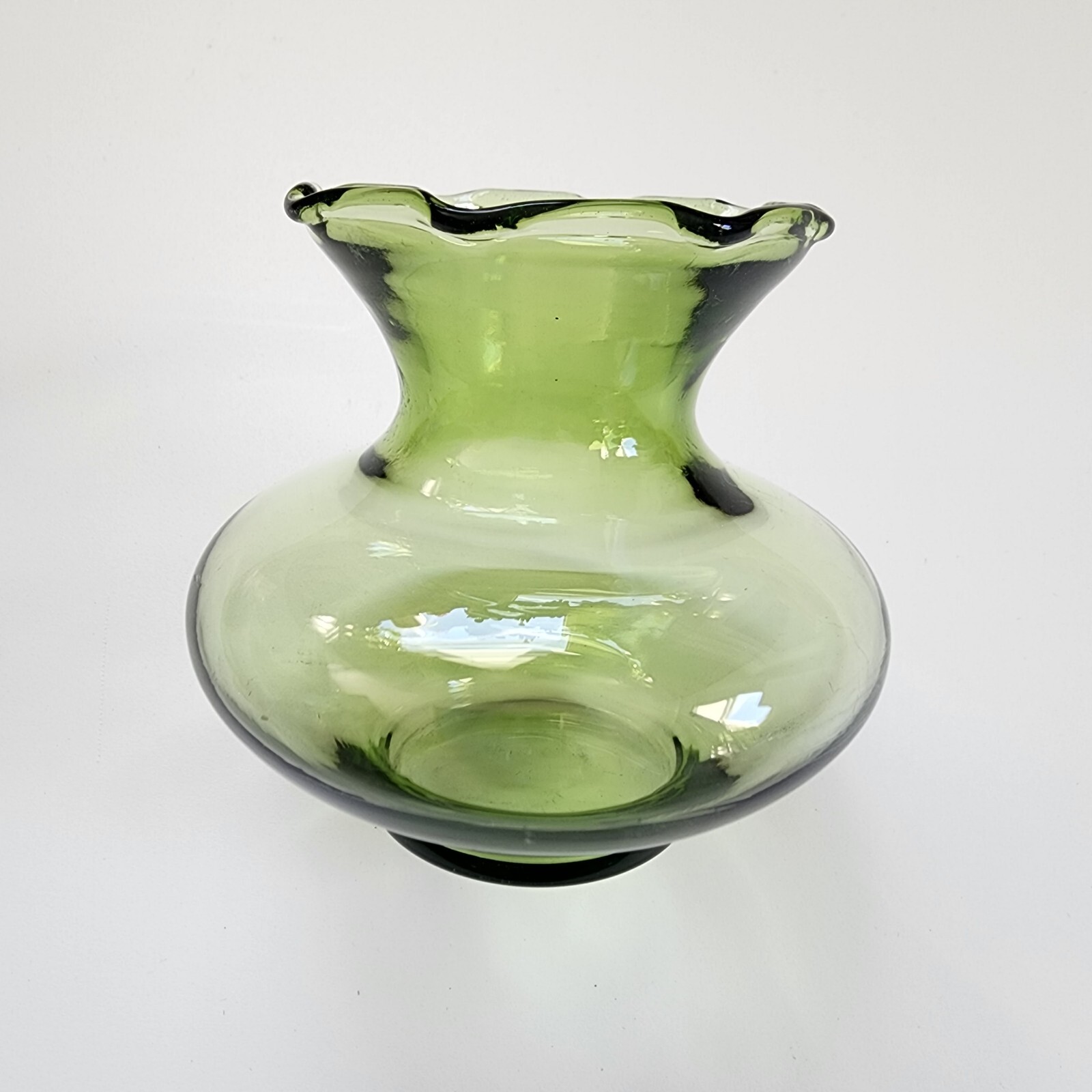 Vintage Ruffle Edge Green Glass Vase 