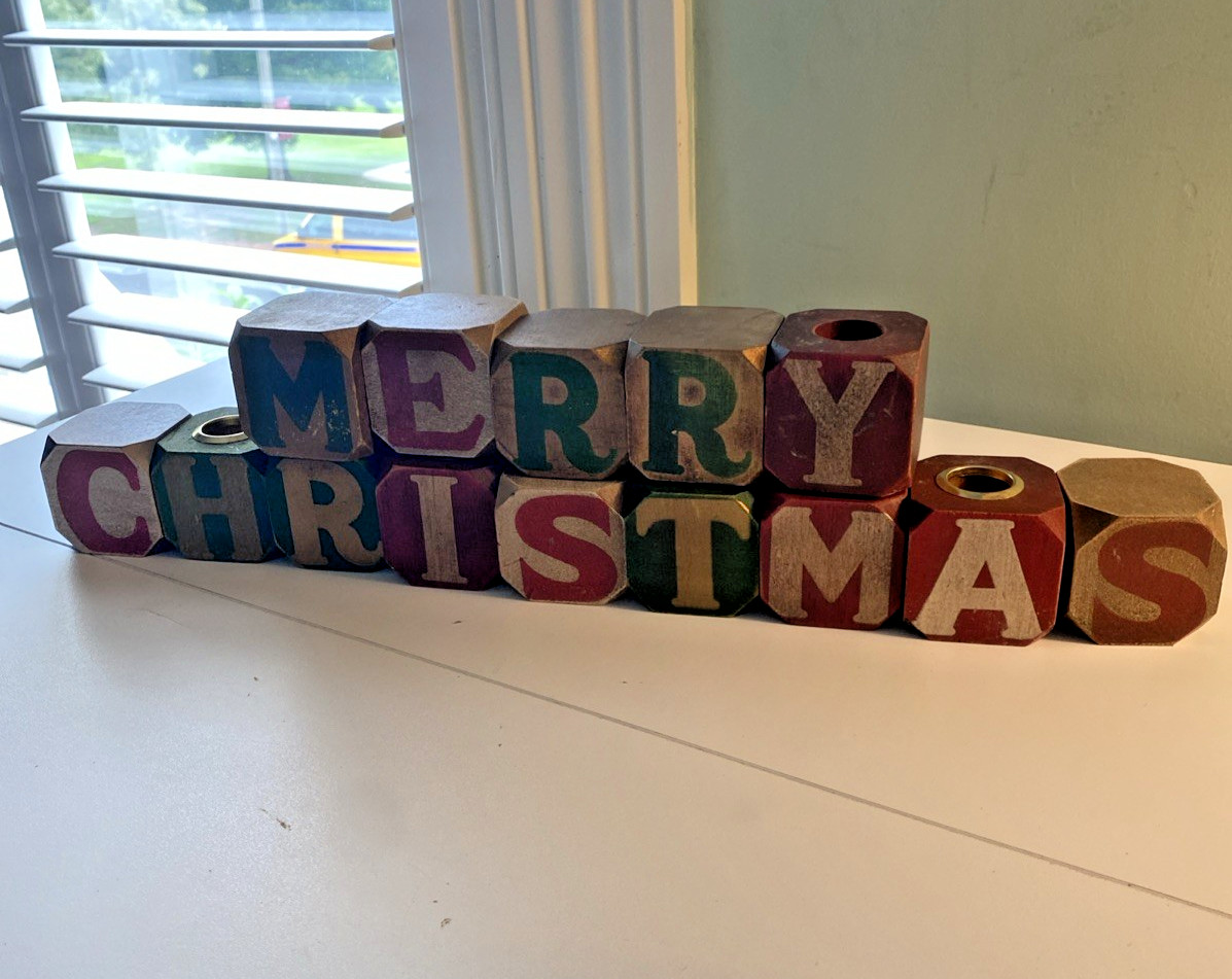 Vintage MERRY CHRISTMAS Painted Wood Building Blocks Candlestick Farmhouse Vintage MERRY CHRISTMAS Painted Wood Building Blocks Candlestick Farmhouse