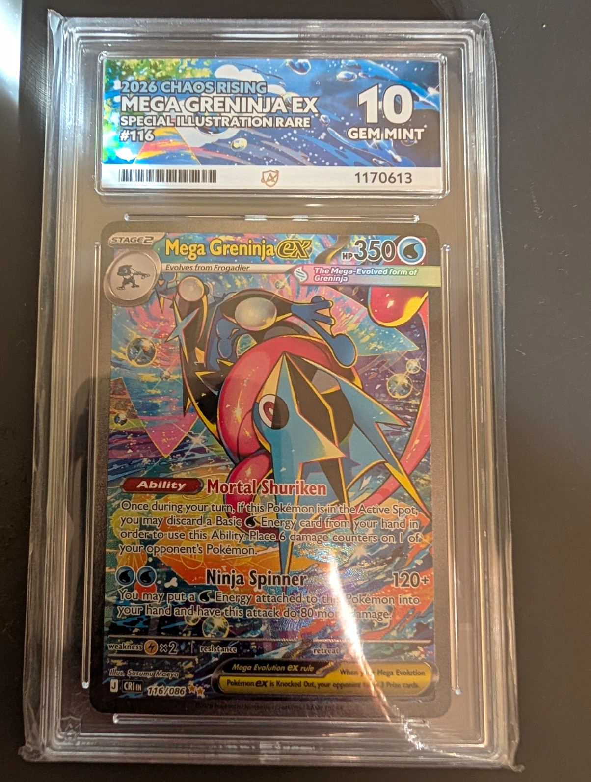 Mega Greninja Ex SIR Ace 10 2026 Chaos Rising 116/086 - Perfect Sub Grades Mega Greninja Ex SIR Ace 10 2026 Chaos Rising 116/086 - Perfect Sub Grades
