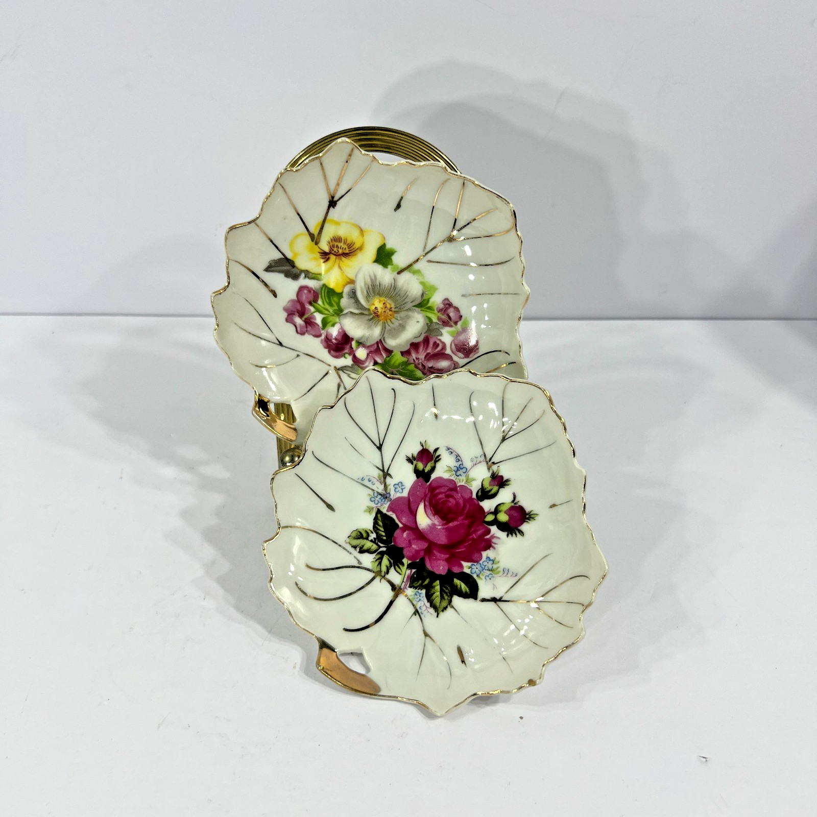 VTG 2 Nasco Japan Leaf Shape Gold Trim Trinket Plate Floral Design Grandmacore