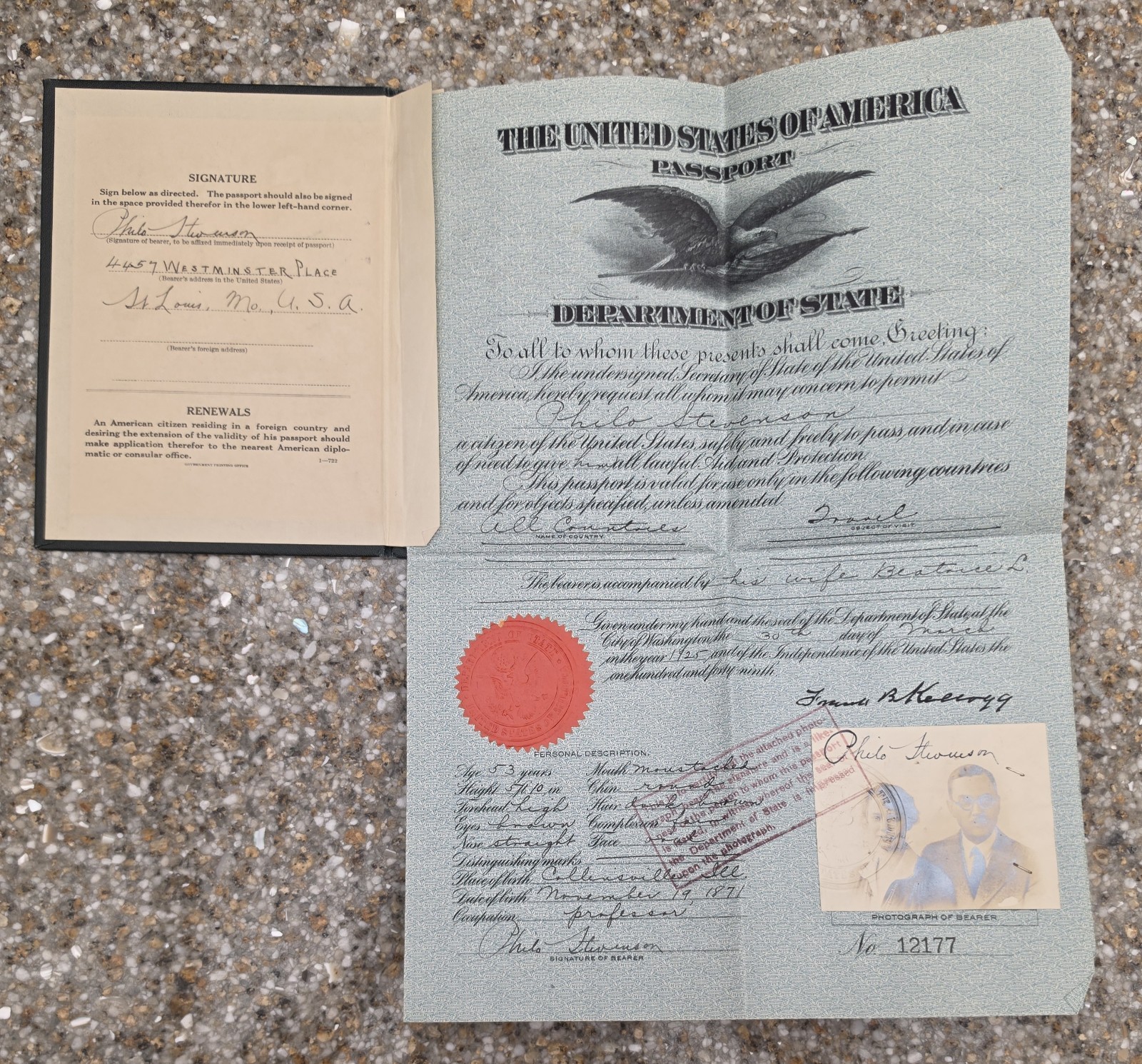 Vintage 1925 US Passport - Philo Stevenson St. Louis Missouri - Visas & Stamps