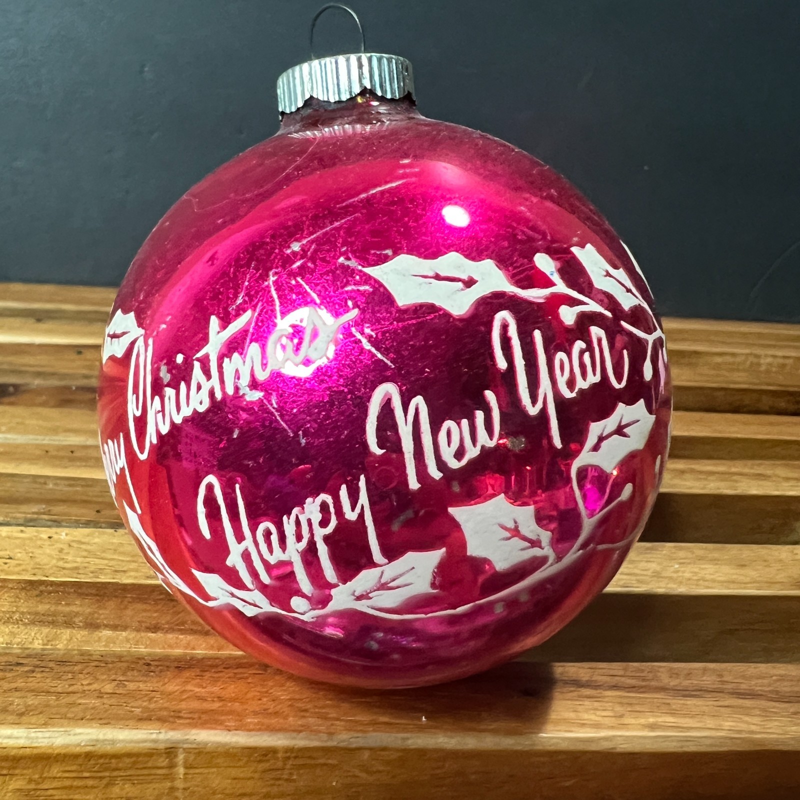 Vintage Shiny Brite Pink Christmas Happy New Year Glass Ball Ornament 3.25'' USA