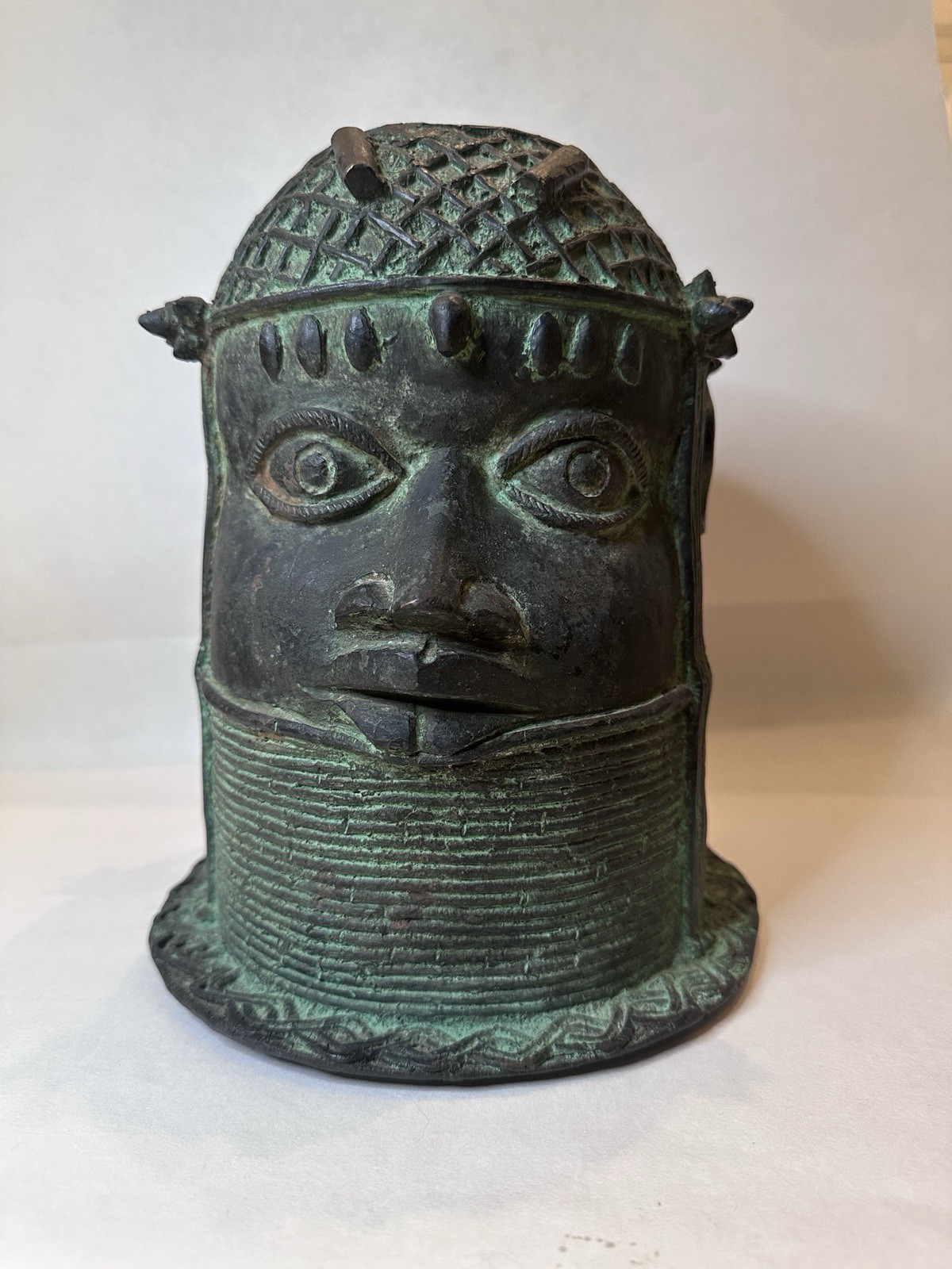 Vintage Benin Style Bronze Oba Head African Edo Royal Sculpture 10.5