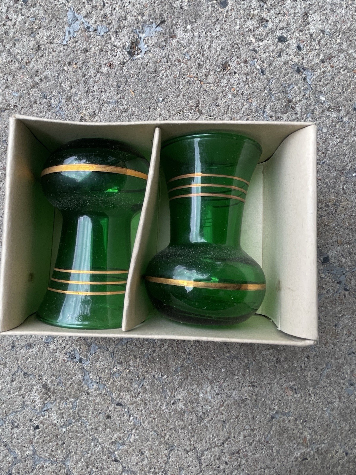 Vintage Emerald Green Glass Bud Vases Gold Trim Pair Original Box MCM