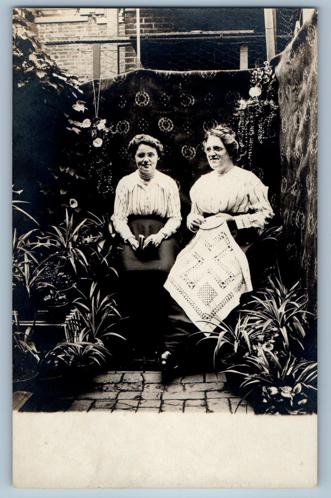 c1910\'s Two Women At House Garden Quilting RPPC Photo Unposted Antique Postcard c1910\'s Two Women At House Garden Quilting RPPC Photo Unposted Antique Postcard