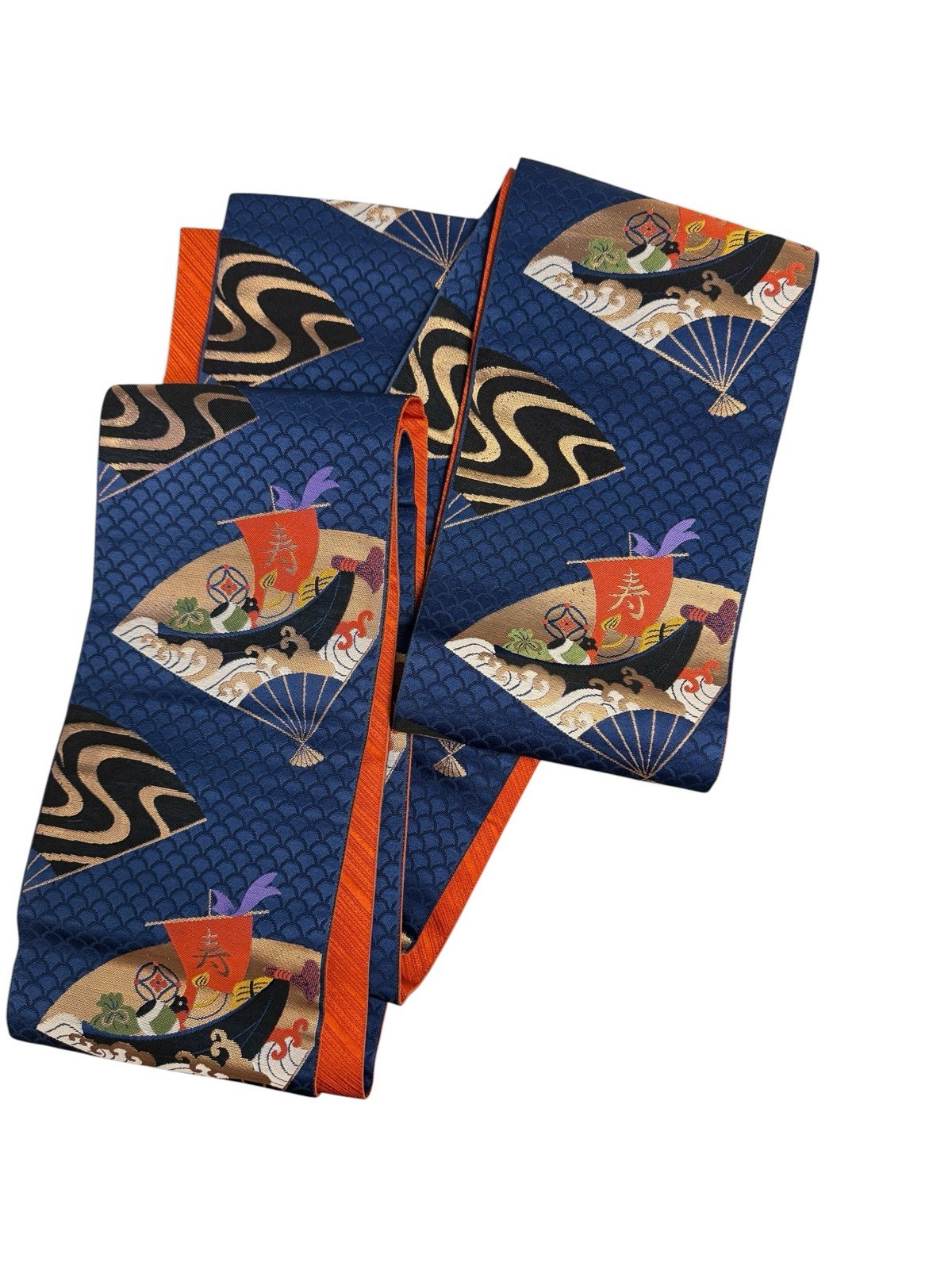 HANHABA OBI Japanese Silk Hakata Ori Fan Reversible Solid