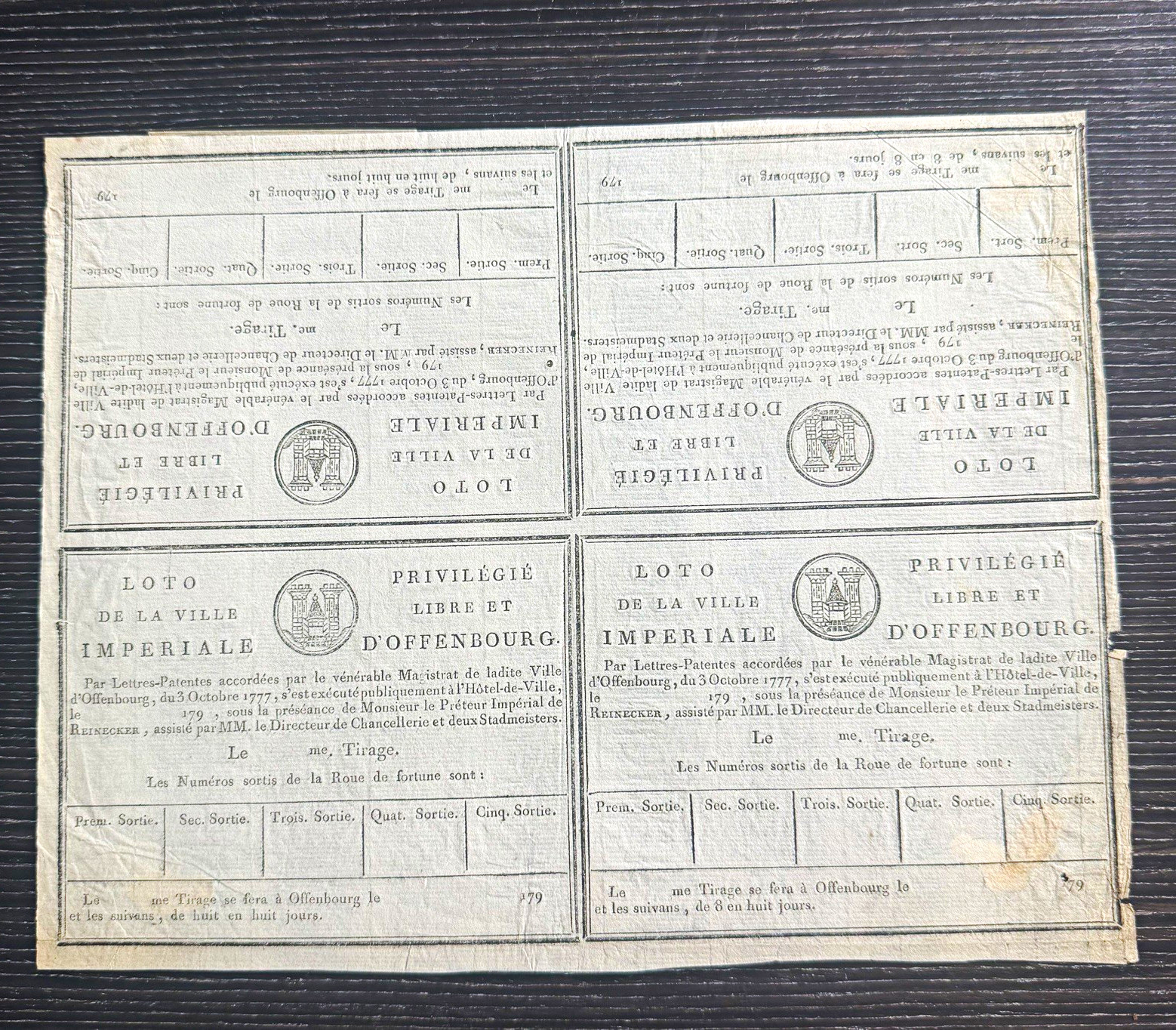 RARE c.1790 Offenburg Imperial Lottery 4-Up Uncut Sheet French Ephemera
