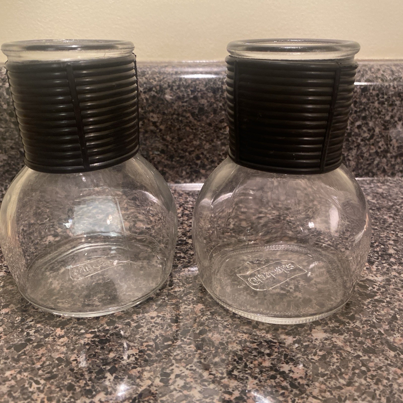 Two Vintage Glasbake Hottle Carafe , Fused Glass Jeannette Glass Co. Lids