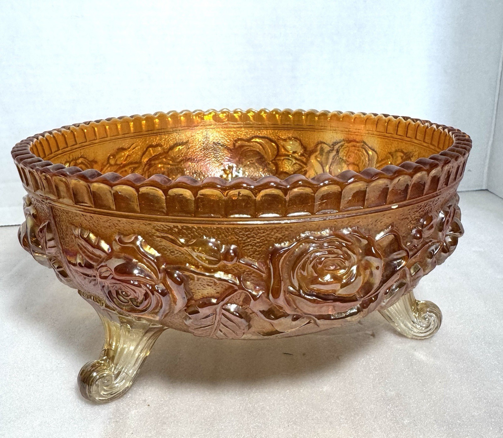 Vintage Marigold Imperial Glass Lustre Rose Carnival Footed Bowl Stunning
