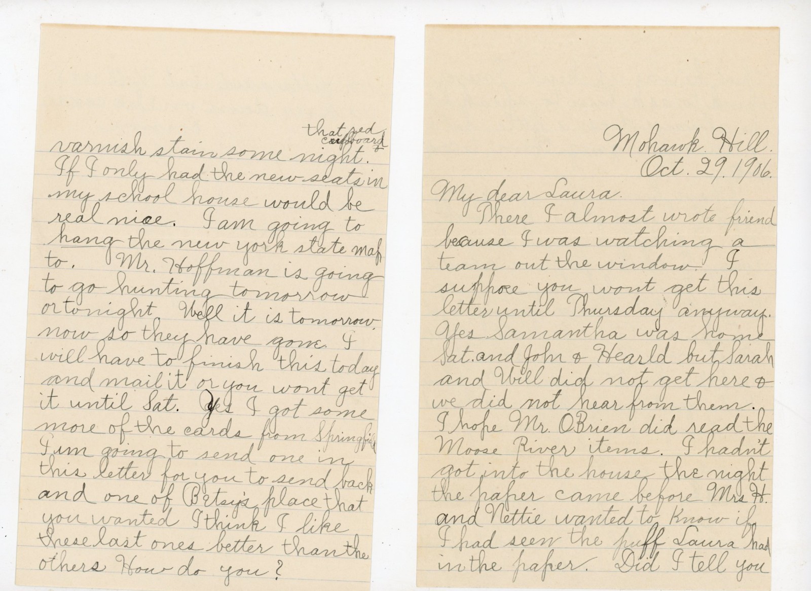 Antique 1906 Handwritten Letter Mohawk Hill NY School Teacher New York State Map