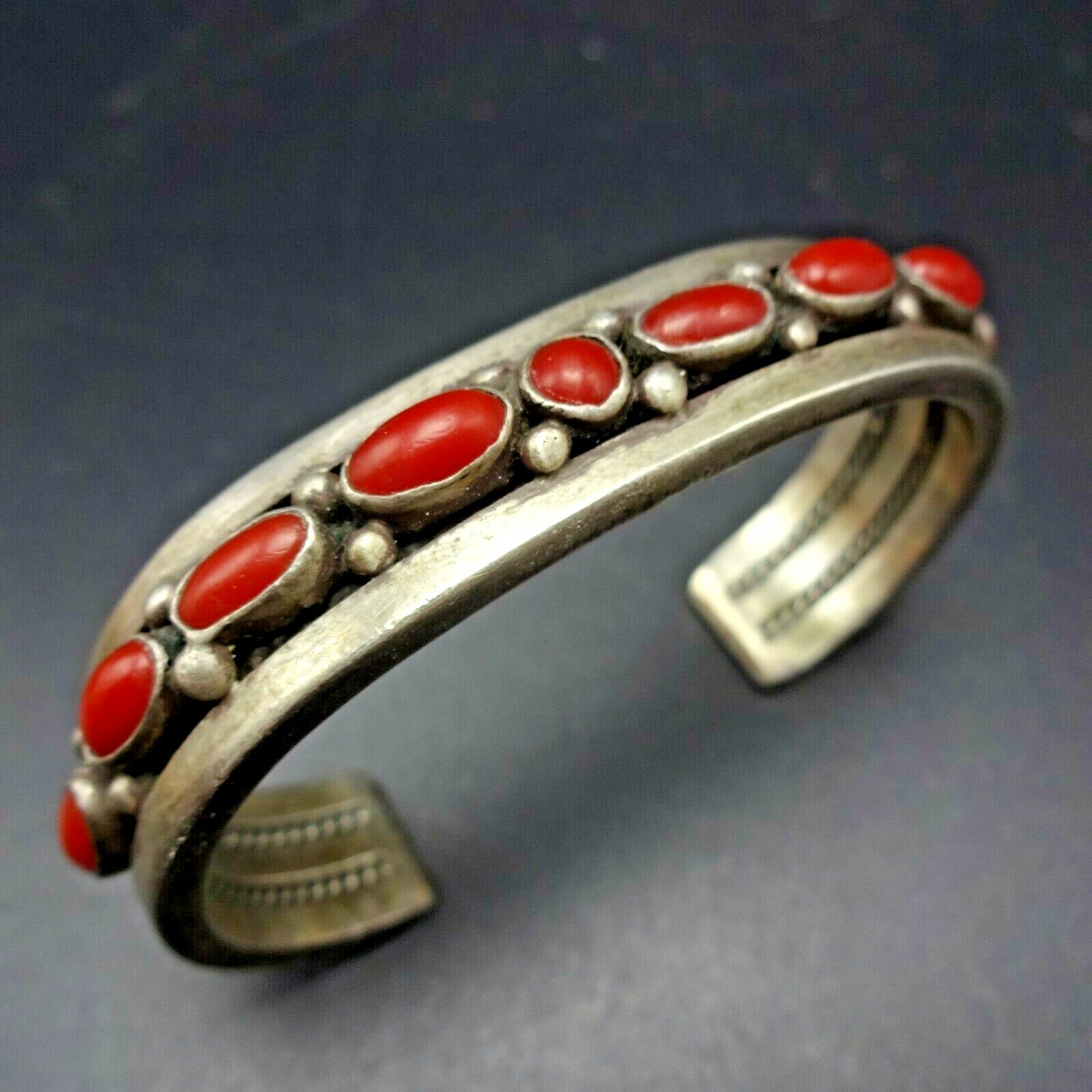 Vintage Heavy Ingot Sterling Silver RED MEDITERRANEAN CORAL Cuff BRACELET