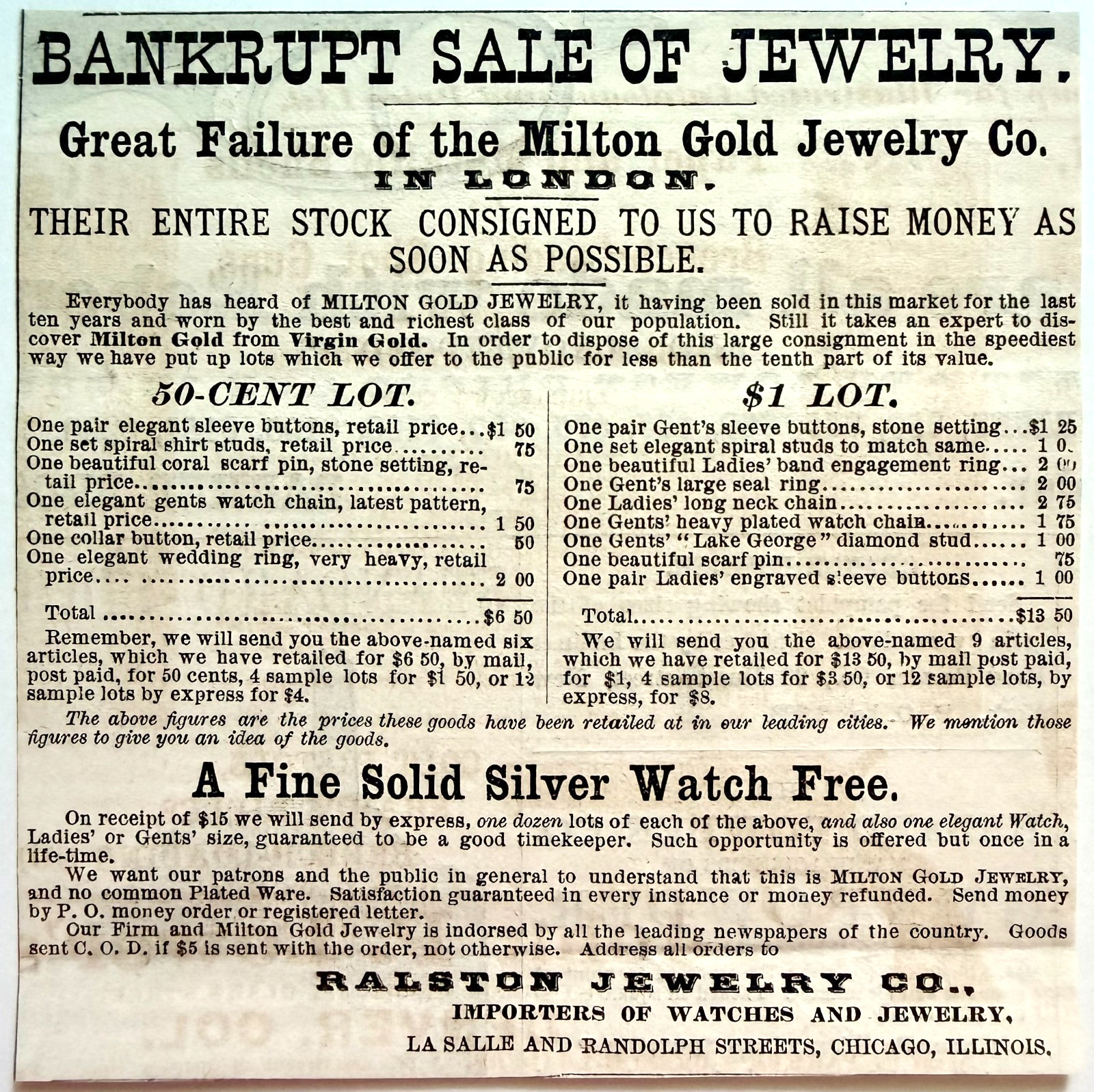 1877 Milton Gold Jewelry Bankruptcy Sale Advertisement Victorian Ralston Chicago