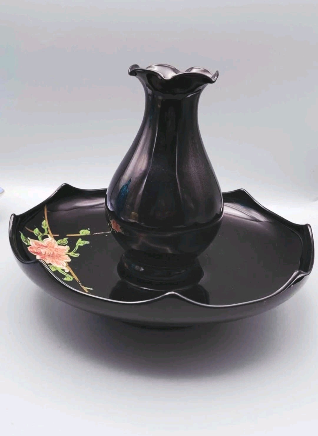 Vintage Black Amethyst Glass Centerpiece Vase with Shallow Hand-painted Bowl