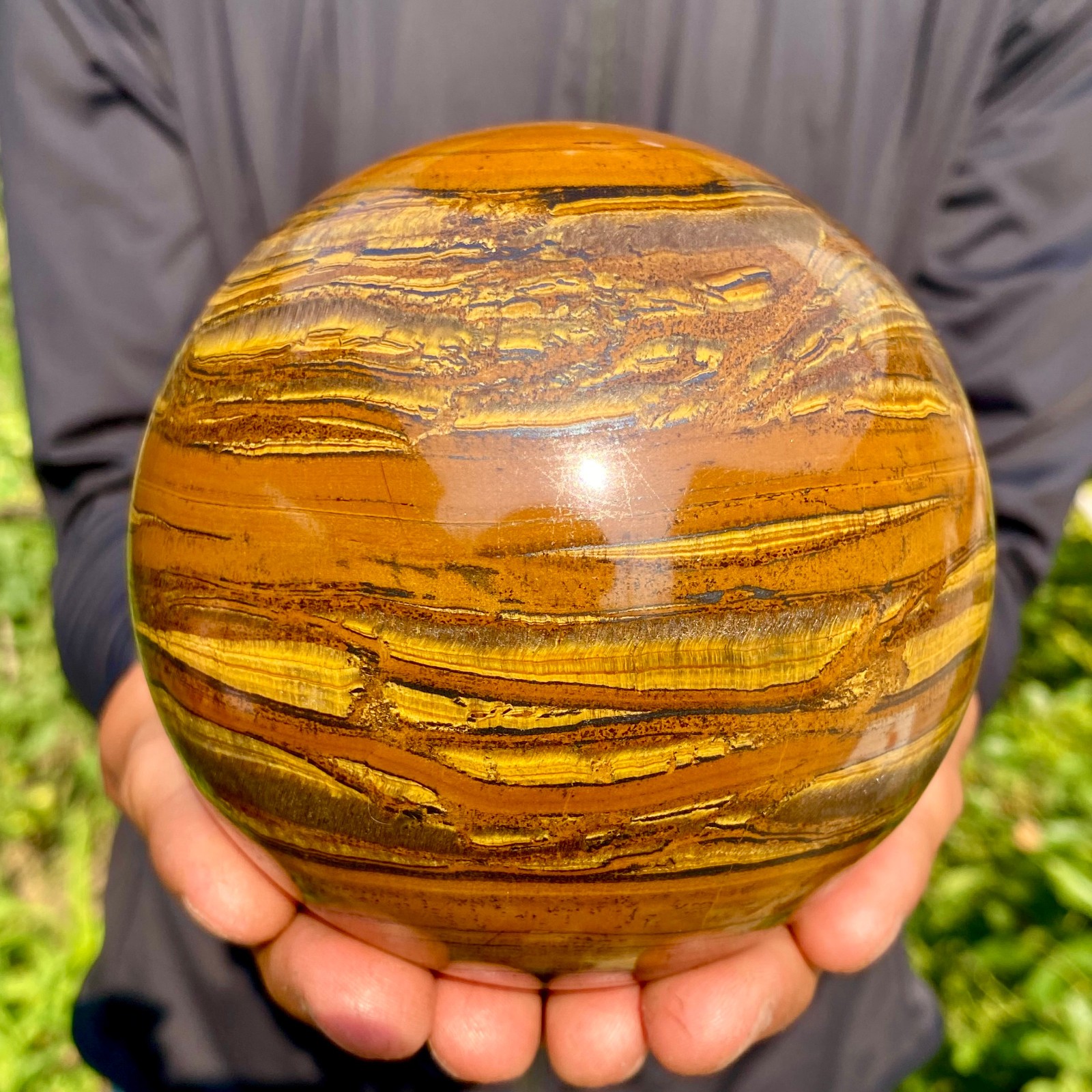 3.96LB Natural Large Gold Tiger’s Eye Stone Quartz Crystal Sphere Specimen Reik