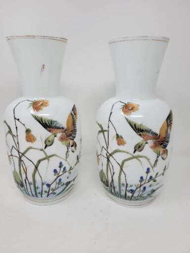 Pair Antique Victorian Bohemian Milk Glass Hand Painted Vases 10.5\