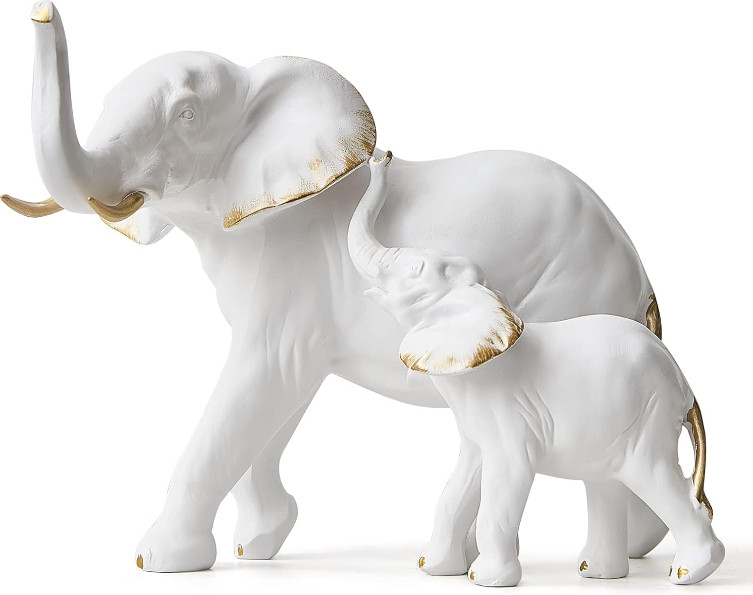 Elephant Mom & Baby Elephant Statue Figure 2 Piece Resin Home Decor, White Gold