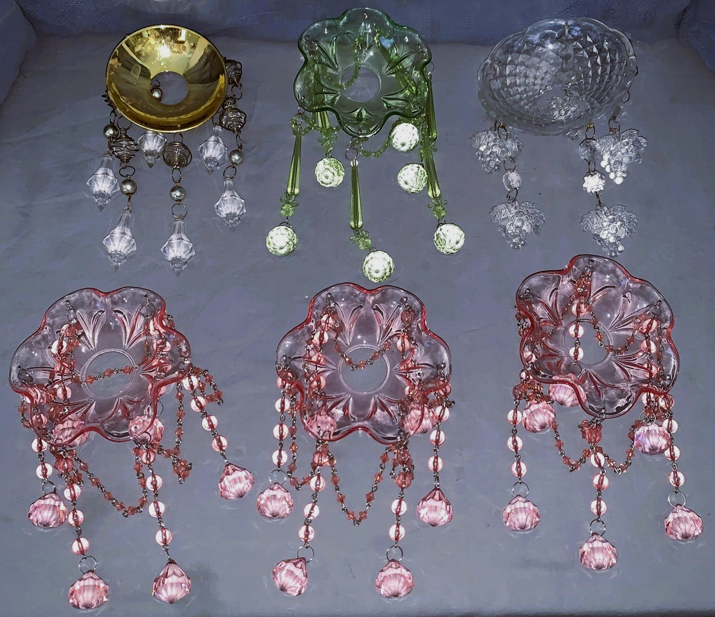 Great Group  6  Vintage  Acrylic  Bobeche with Prisms  Pink  Green  Clear