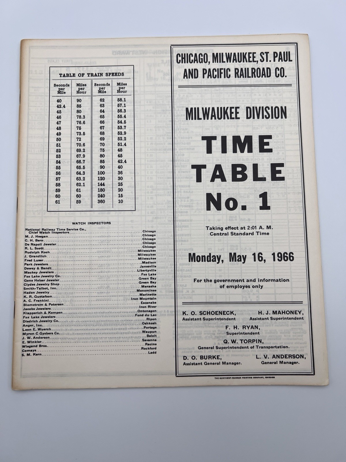Milwaukee Road Milwaukee Division Timetable 1 - May 16, 1966