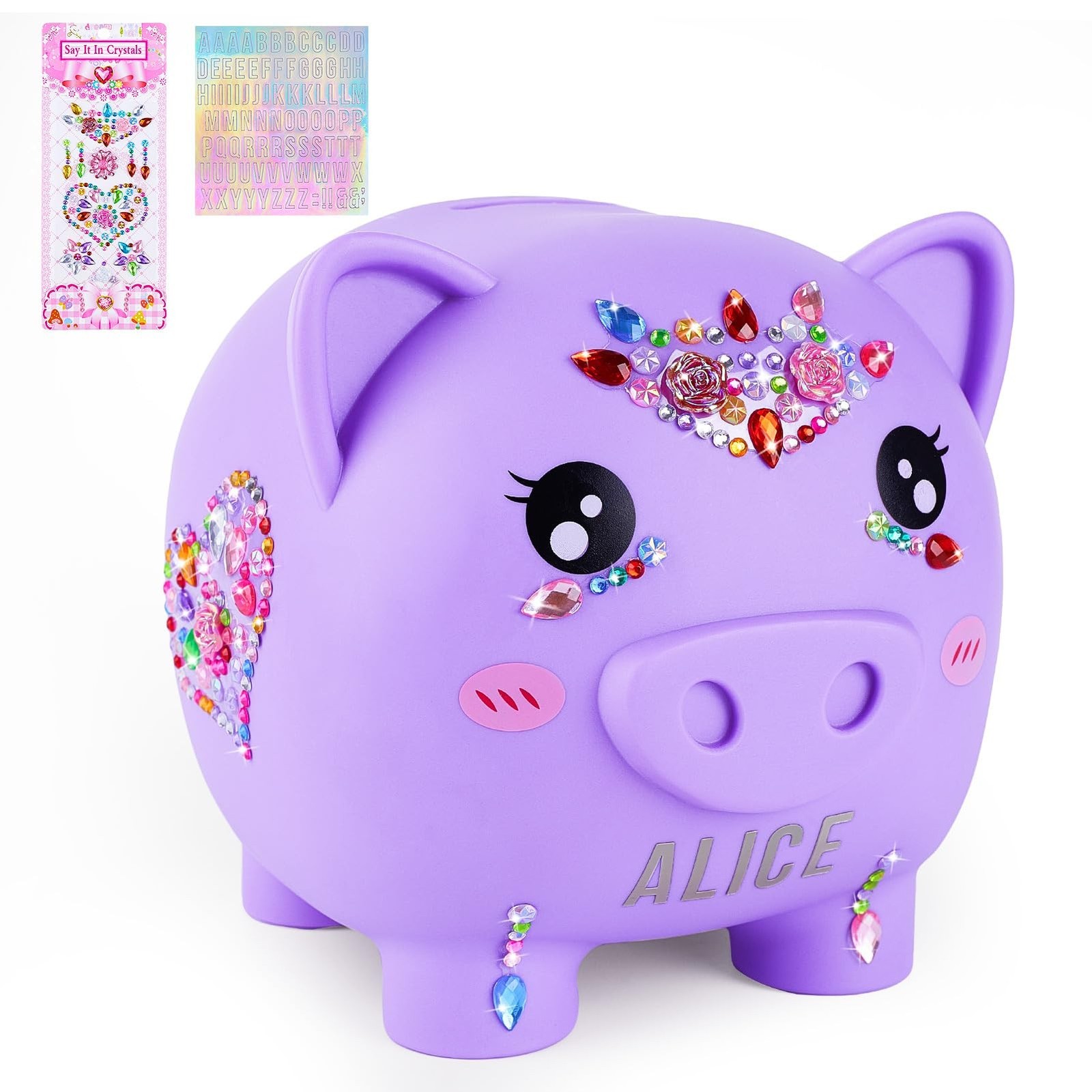 MHJY Large Unbreakable Piggy Bank for Girls Money Bank with DIY Stickers Purple