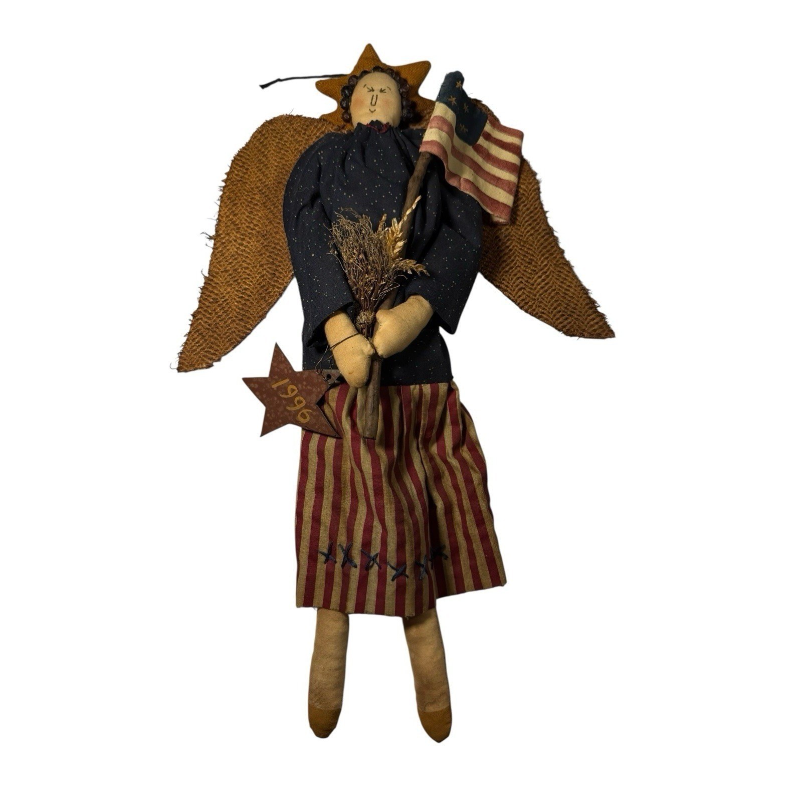 1996 Primitive Folk Art Patriotic Angel Handmade Doll,signed Peg F. 19\