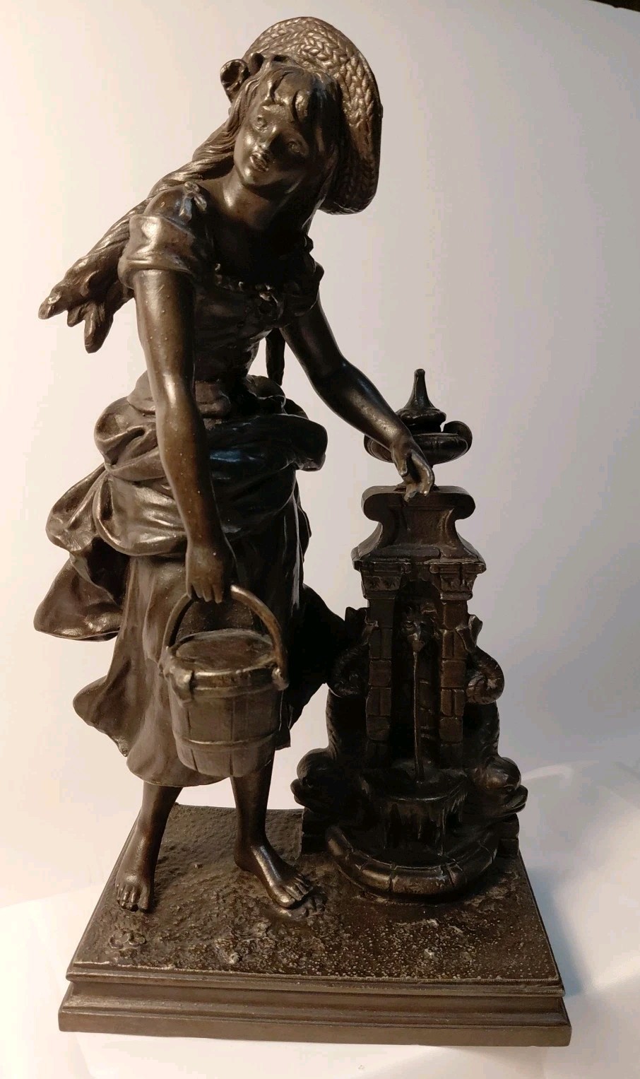 Beautiful Antique  Bronze Sculpture Of Girl At The Well With Bucket c. 19th C