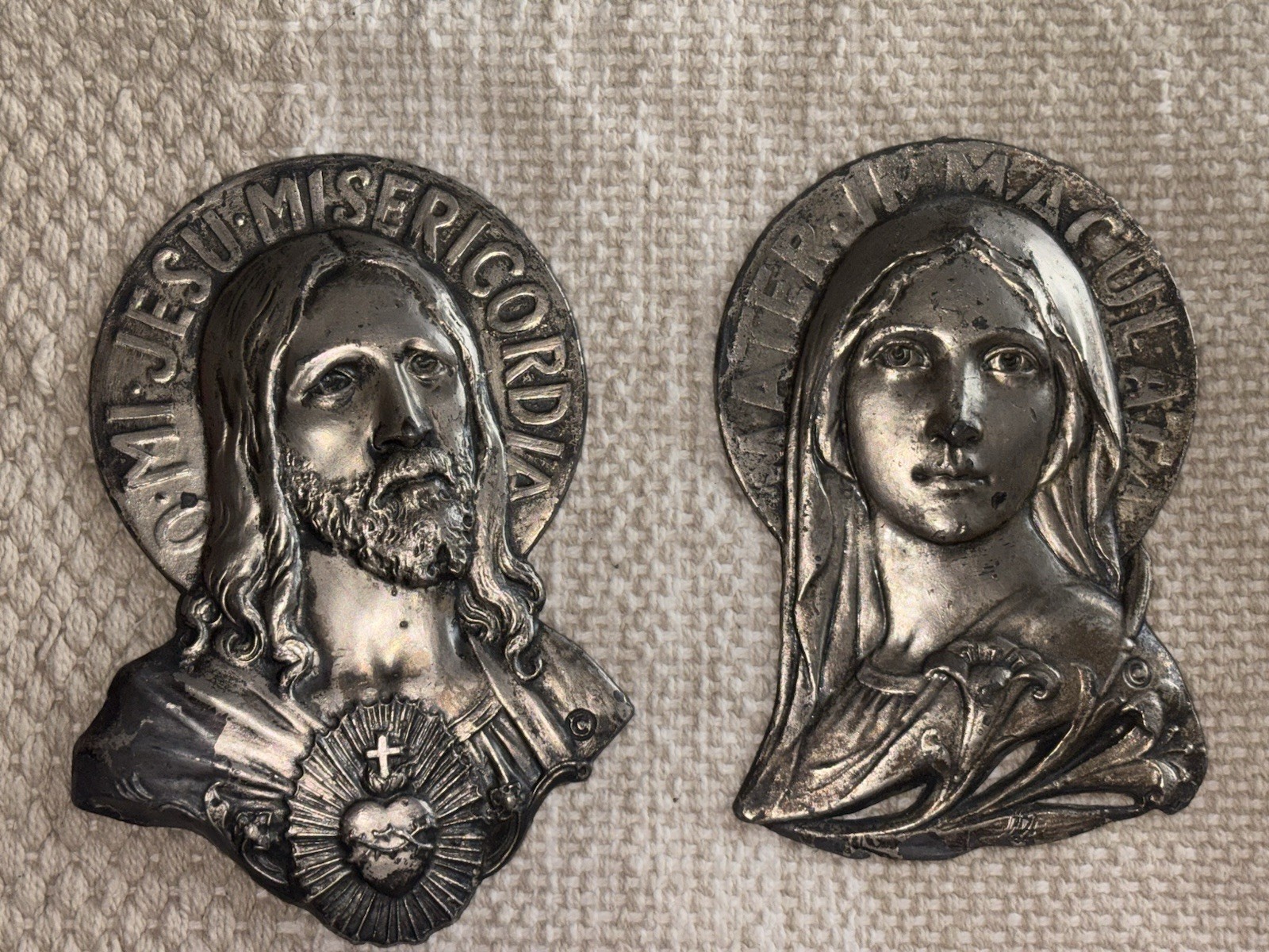Vintage Sacred Heart of Jesus & Immaculate Heart of Mary Metal Wall Plaques 1924 Vintage Sacred Heart of Jesus & Immaculate Heart of Mary Metal Wall Plaques 1924
