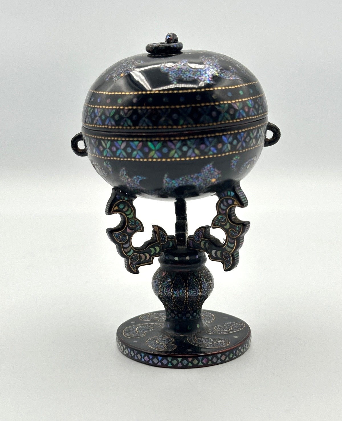 Korean Najeon Chilgi Mother of Pearl Lacquer Dragon Lidded Pedestal Bowl
