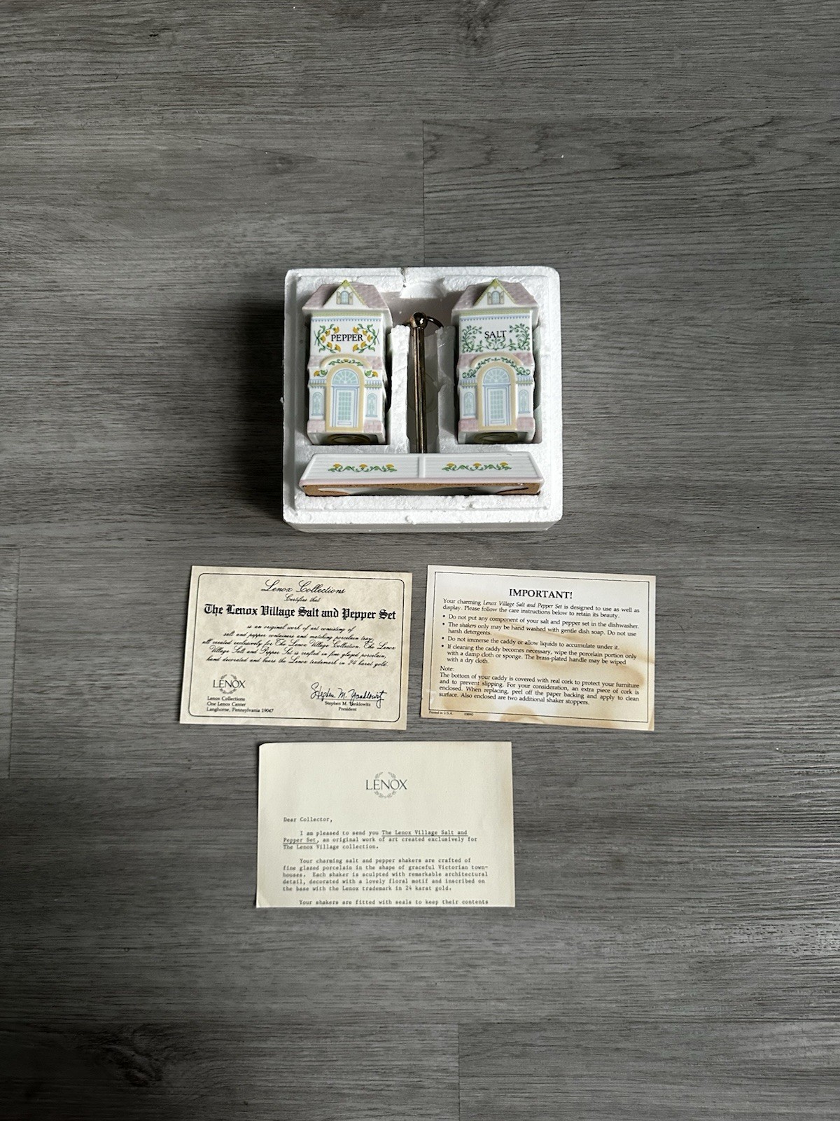 Lenox Spice Village Salt Pepper Shakers with Tray Caddy, Porcelain, Vintage 1991