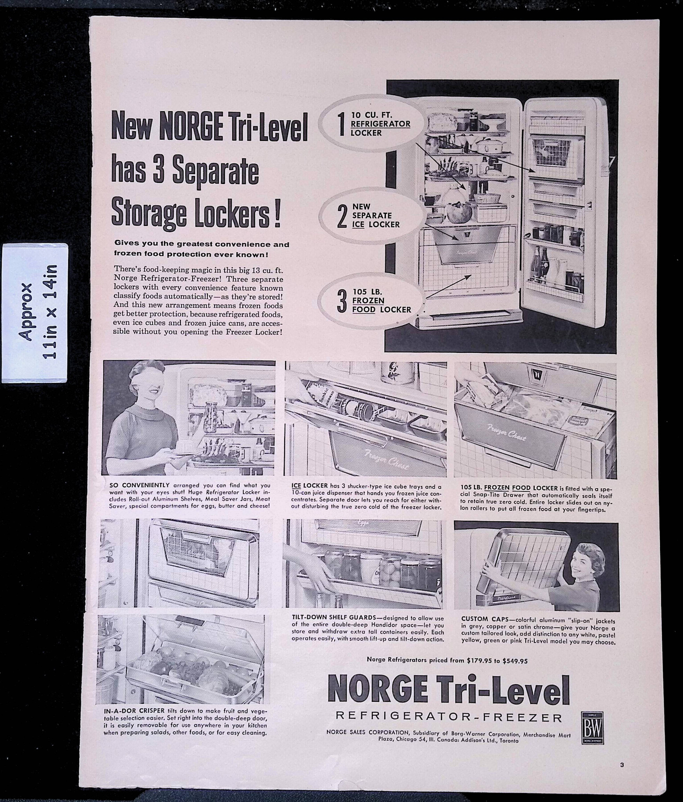 1956 NORGE Tri-Level REFRIGERATOR-FREEZER 3 Separate Storages Print Ad 47779