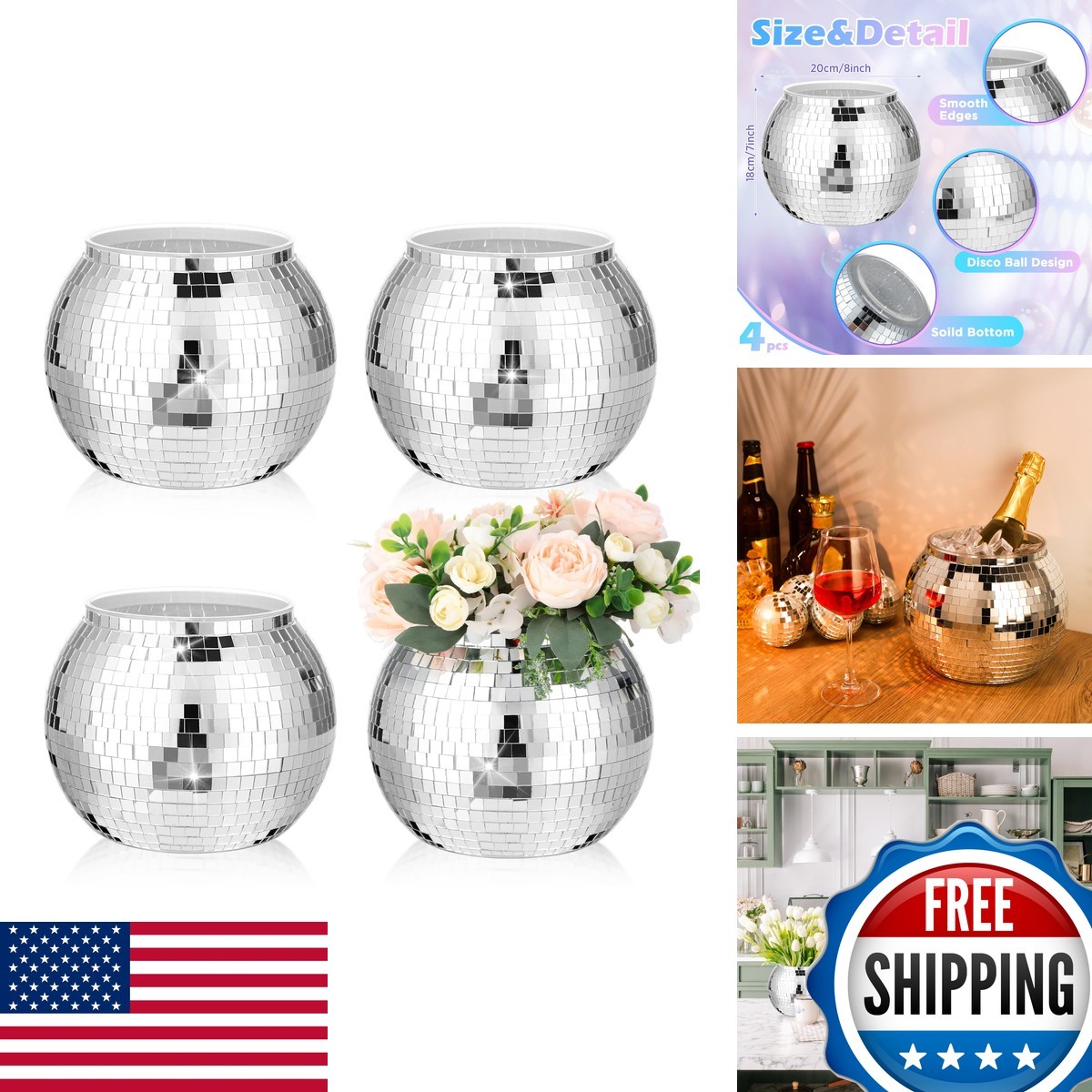 Yungyan Disco Ball Flower Vase Planter 4 Pcs, 8 Inch