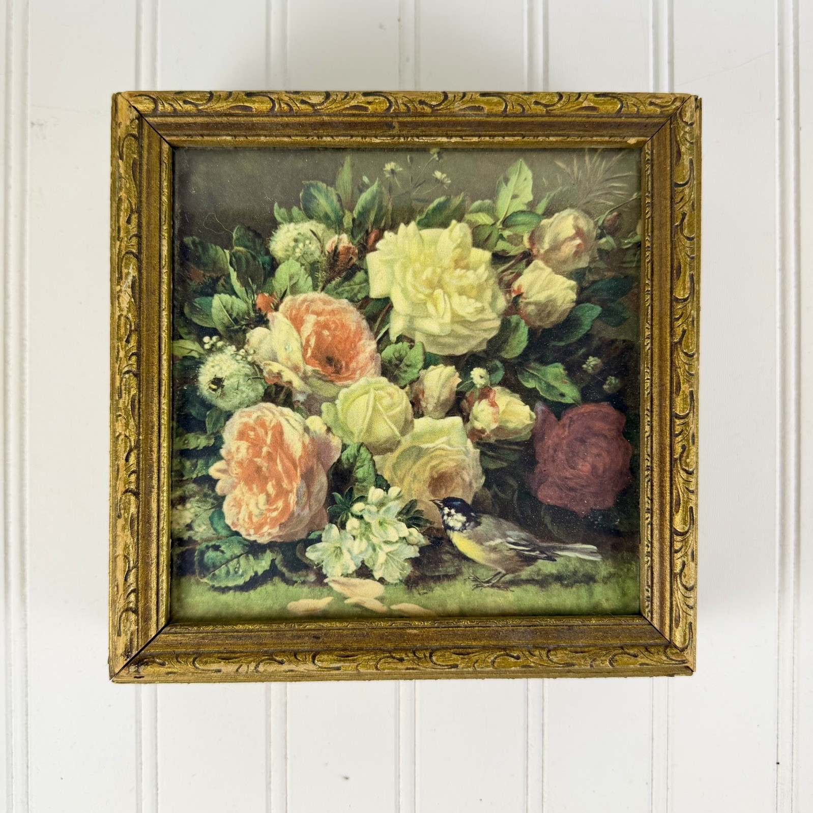 Vintage Antique Victorian-style Floral Wooden Candy Box with Floral Still Life