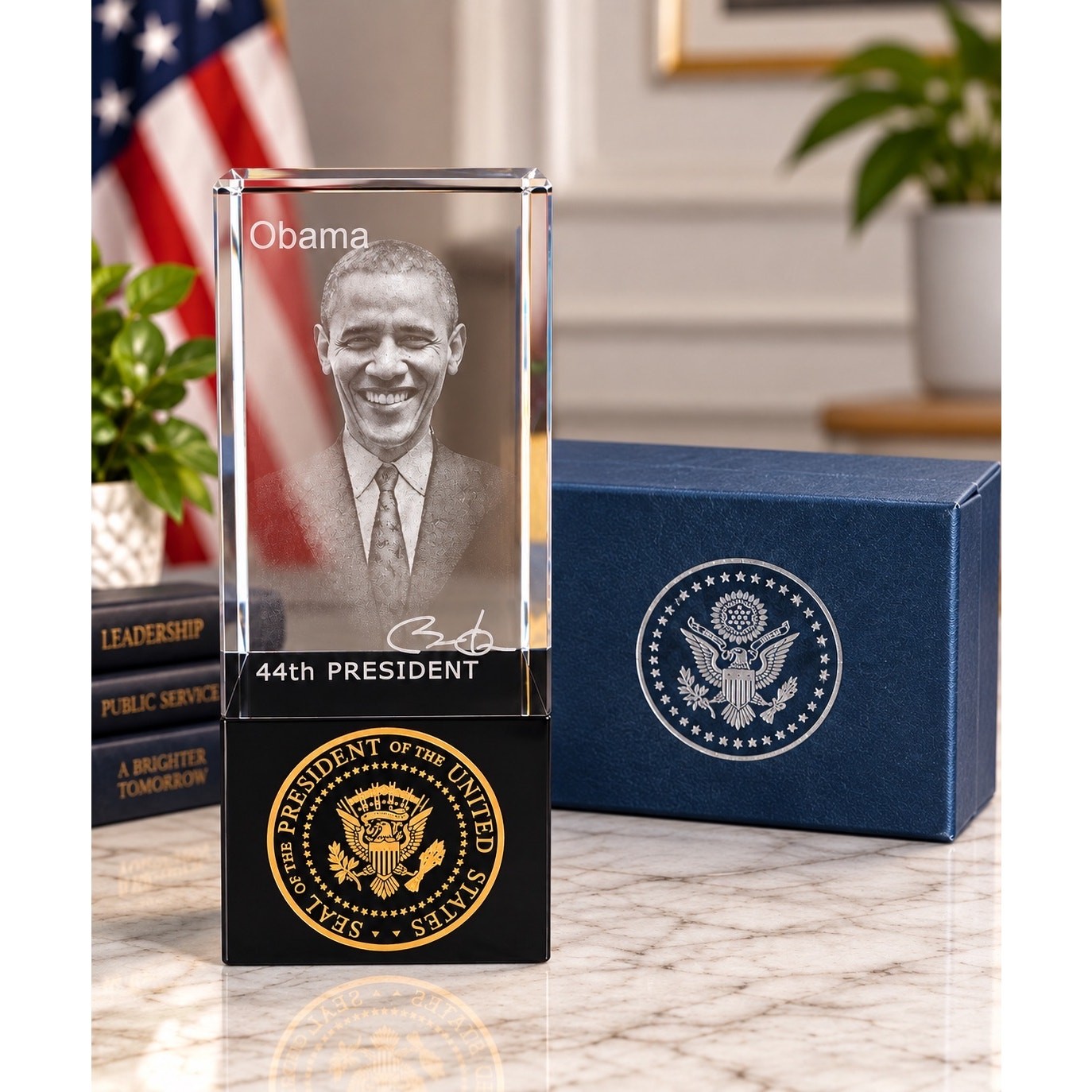 Barack Obama 44th President 3D Crystal Optical Glass Paperweight w/ Gift Box