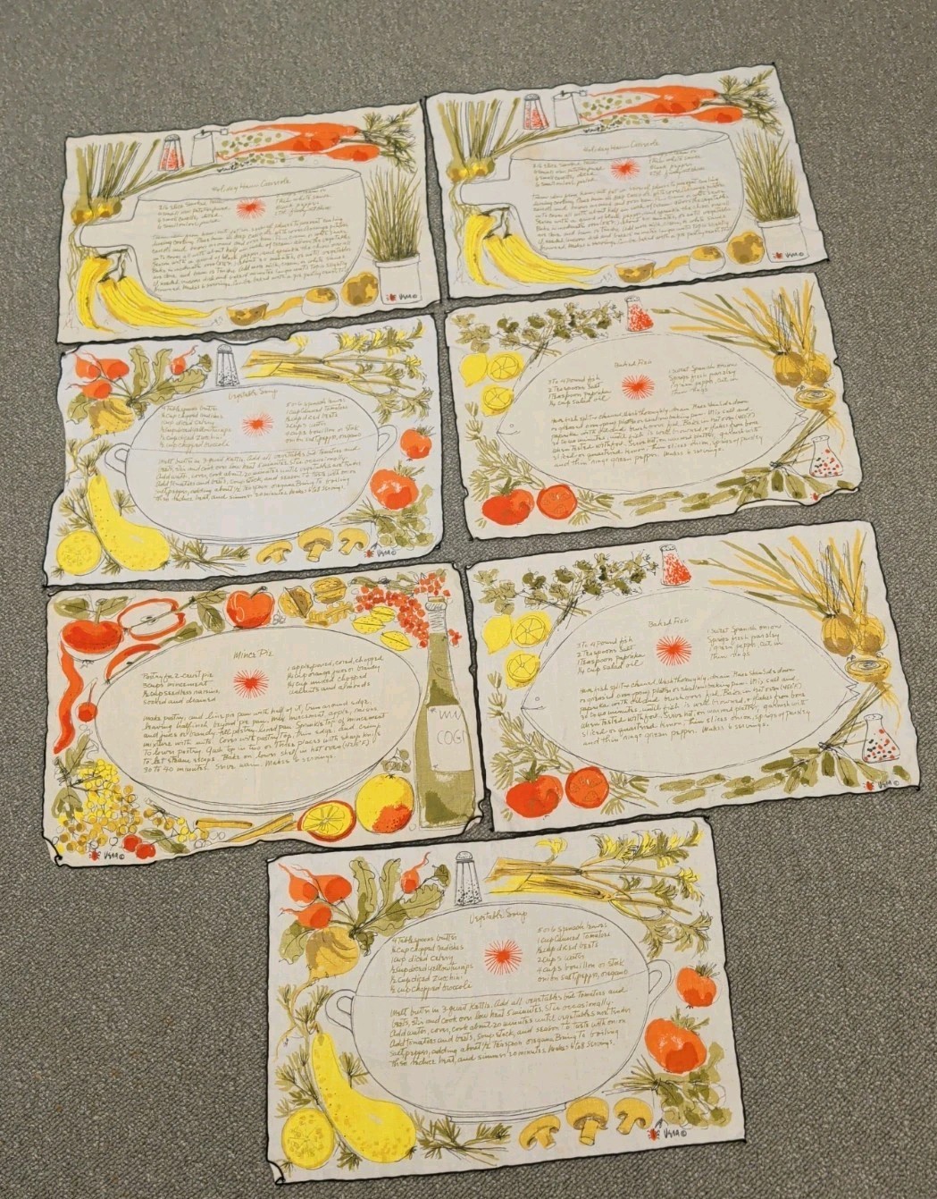 Vintage Vera Neumann Linen Placemats Set of 7 Illustrated Recipe MCM Kitchen