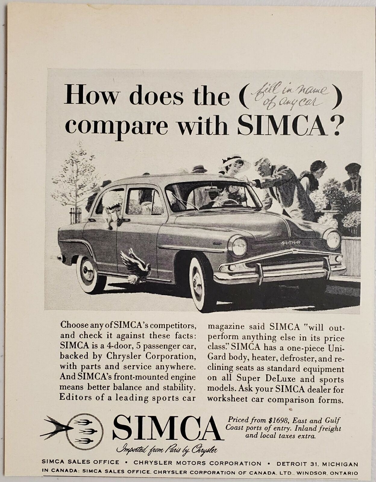 1959 Print Ad Simca 4-Door 5 Passenger Cars Chrysler Motors Detroit,MI 1959 Print Ad Simca 4-Door 5 Passenger Cars Chrysler Motors Detroit,MI