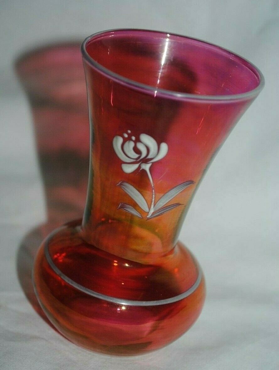 Vintage post-War carnival glass bud vase, red, painted flower, 4\ Vintage post-War carnival glass bud vase, red, painted flower, 4\