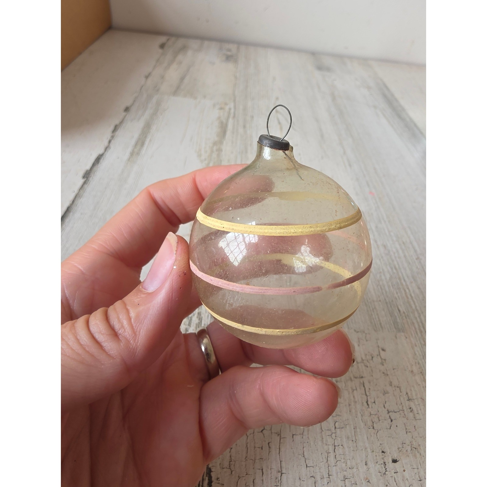 Vintage marks bros pink yellow striped unsilvered matte glass ornament Xmas tree