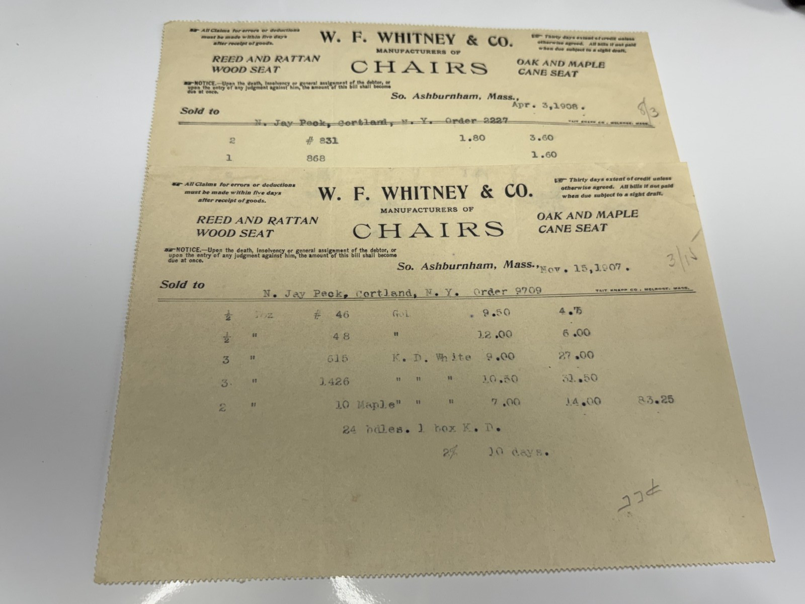 So. Ashburnham, MA W. F. Whitney & Co. Manufacturers of Chairs 1907  Two Of