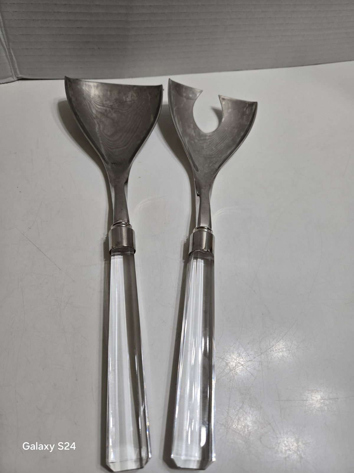 Vintage MCM MINIMALIST SALAD SERVER Utensil Set Silverplate With Crystal Handles