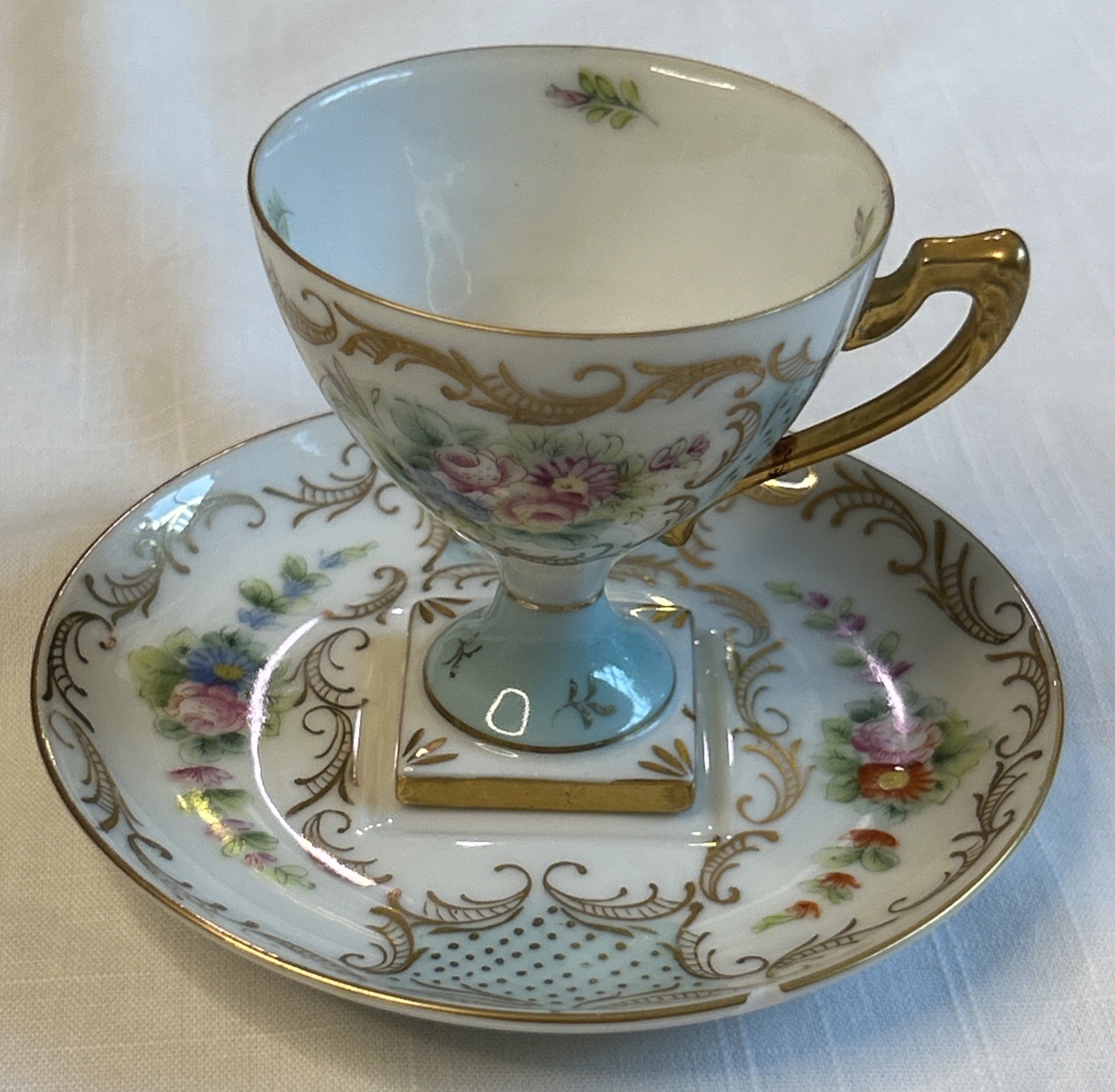 Vintage Hand-Painted Porcelain Floral Pedestal Cup and Saucer- Japan Made (READ)