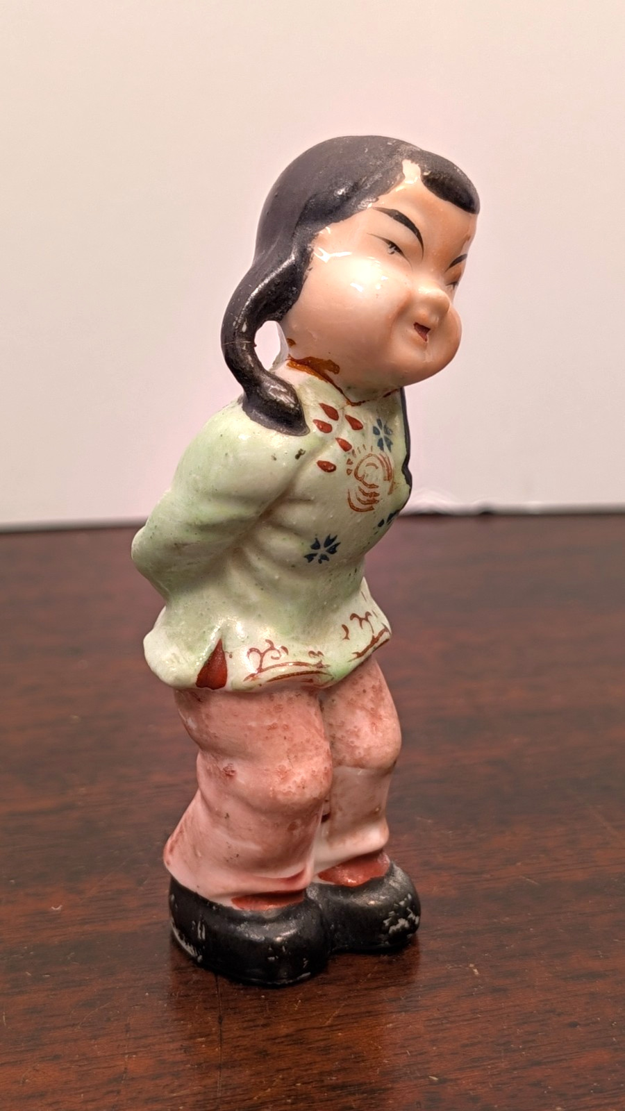Vintage 1950s Japan Ceramic Girl Figurine Mid Century Kitsch Pigtails 4.5\