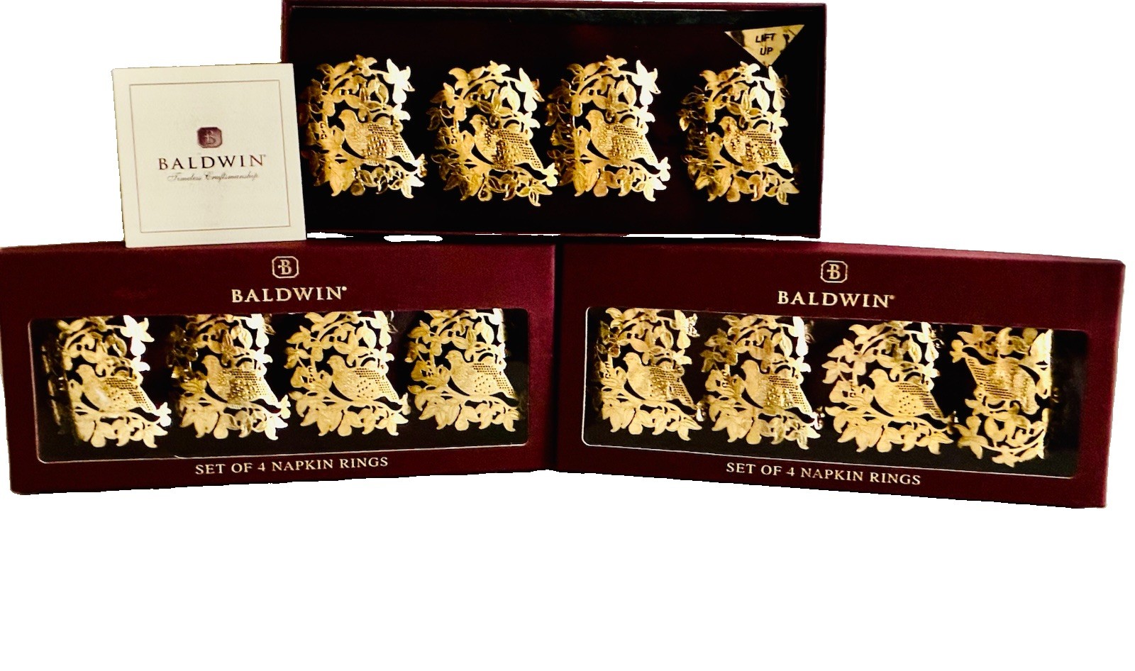 RARE Baldwin Brass 24K Gold Napkin Rings PARTRIDGE PEAR TREE Christmas 12 Pc Set