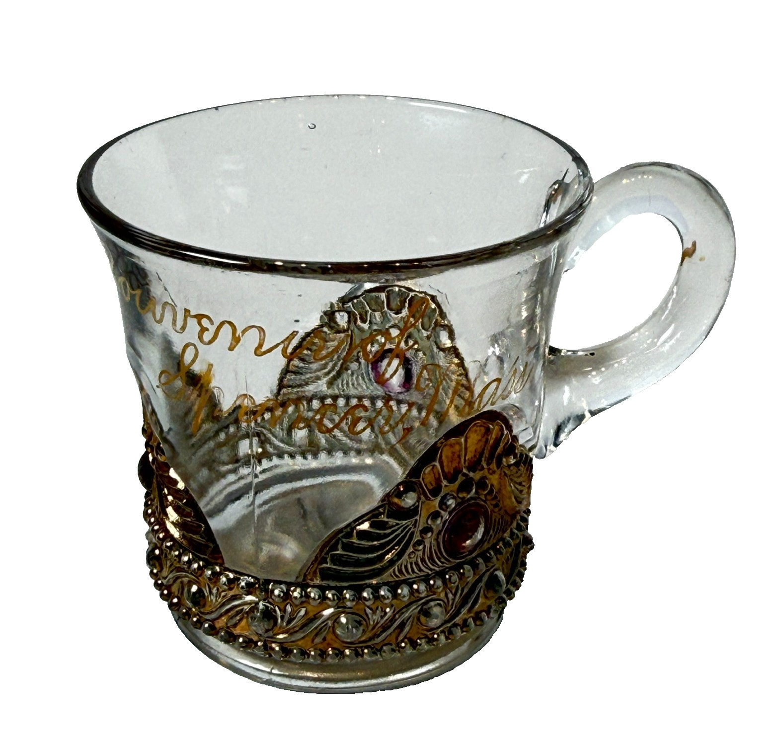 SPENCER MA Massachusetts  ANTIQUE Souvenir DEPRESSION GOLD TRINKET CUP MUG