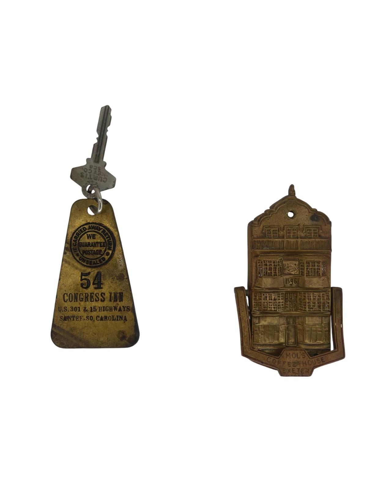 Vintage Brass Motel Key Fob Congress Inn South Carolina & Mol’s Coffee House Exe