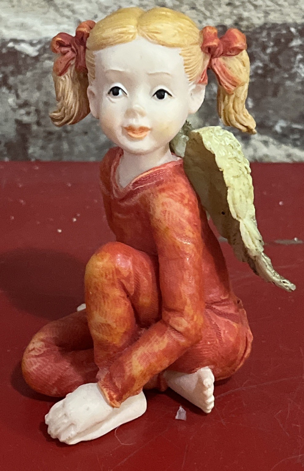 Vintage Lovely Sitting Blond Angel Girl With Pigtails Red Pajamas Figurine *3F Vintage Lovely Sitting Blond Angel Girl With Pigtails Red Pajamas Figurine *3F