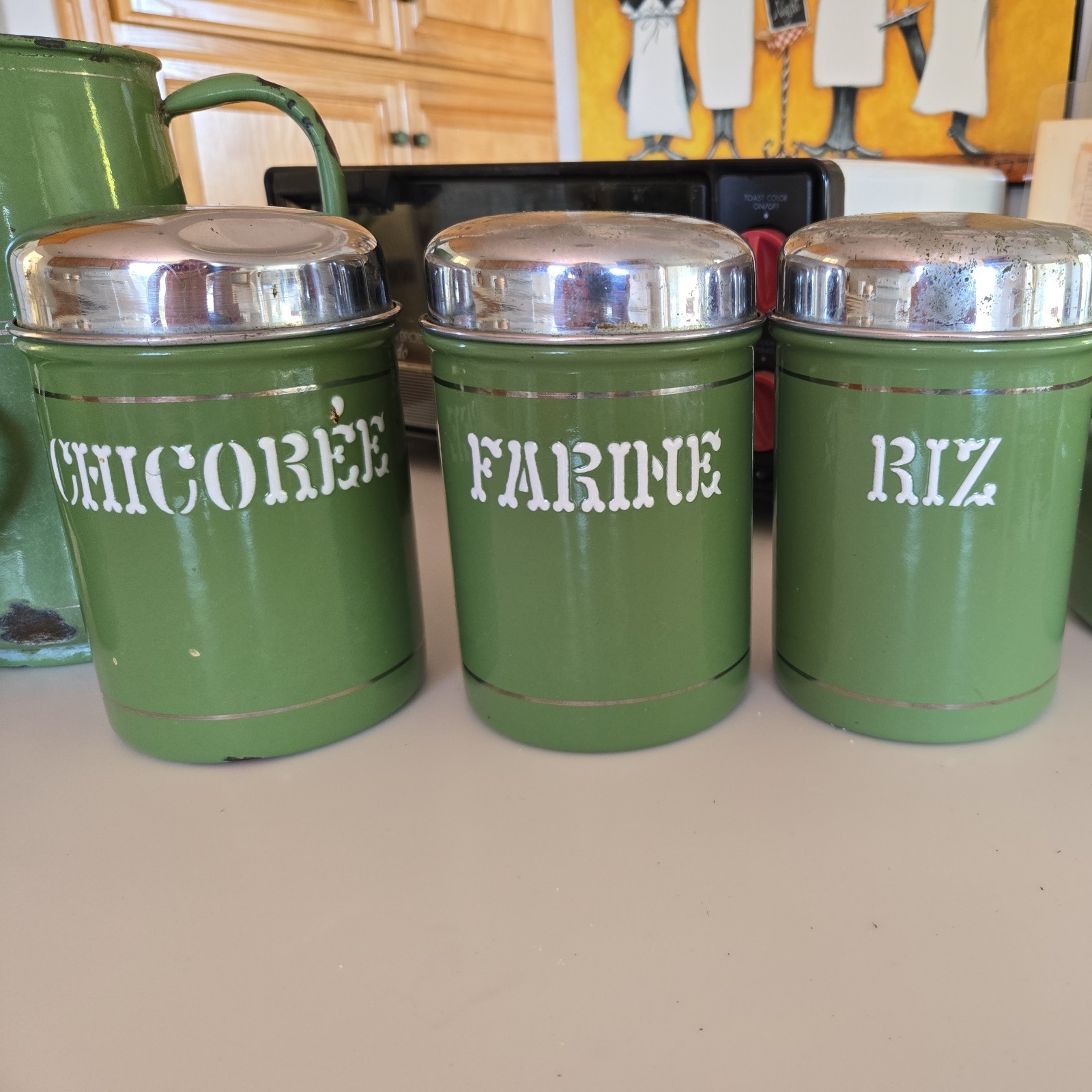 Vintage Green French Enamel Canister Set & Casserole Pot & Pitcher & Creamer Vintage Green French Enamel Canister Set & Casserole Pot & Pitcher & Creamer