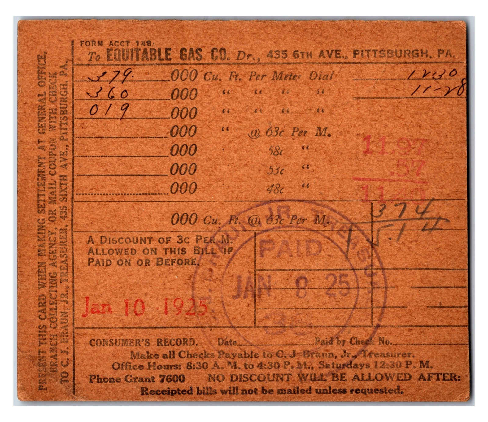 Original 1925 - Equitable Gas Company Receipt - January 1925 Pittsburgh, PA