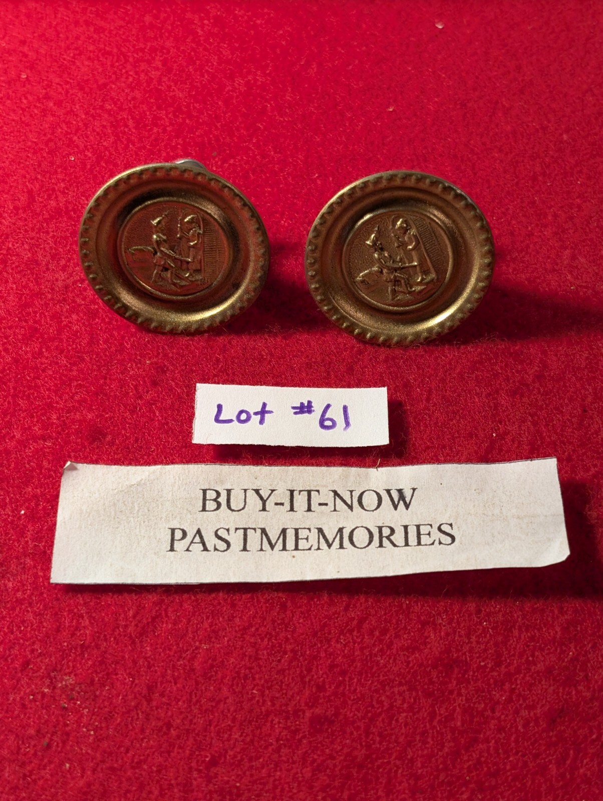 SET OF 2 VINTAGE c1930 BRASS KNOB DRAWER PULLS, OLD ANTIQUE HARDWARE LOT #61
