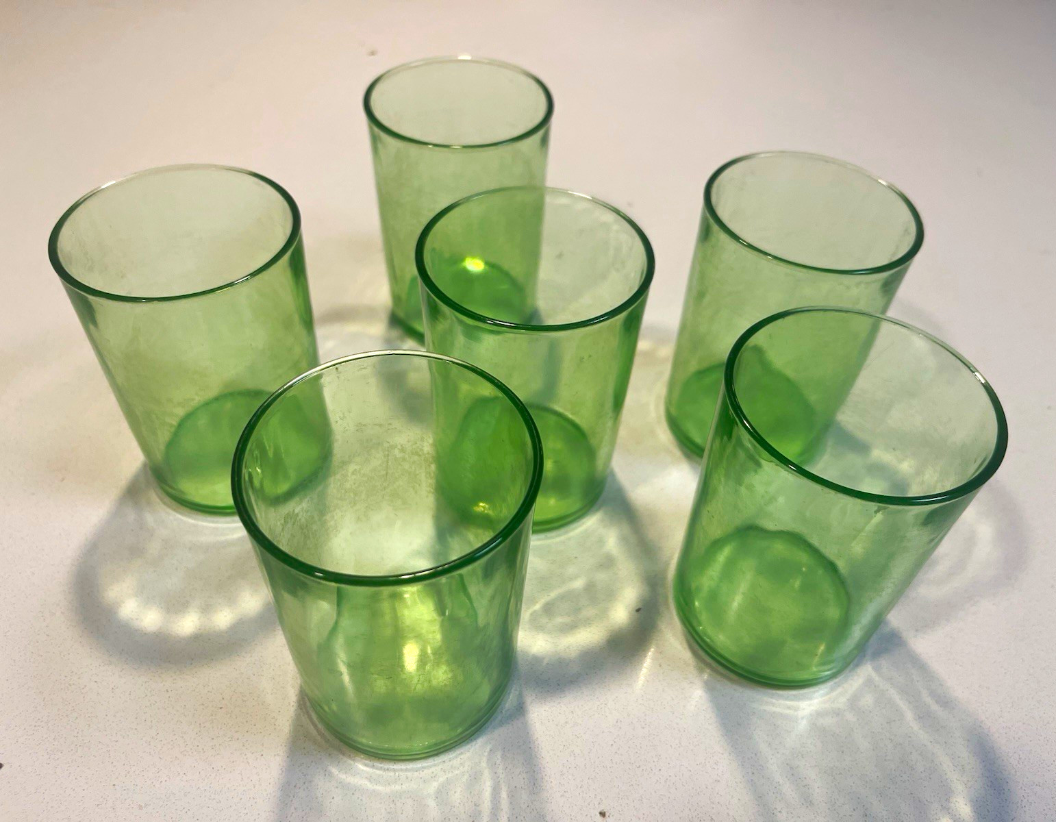 Set of 6 Vintage Green Vaseline/ uranium glass, 4” tall.