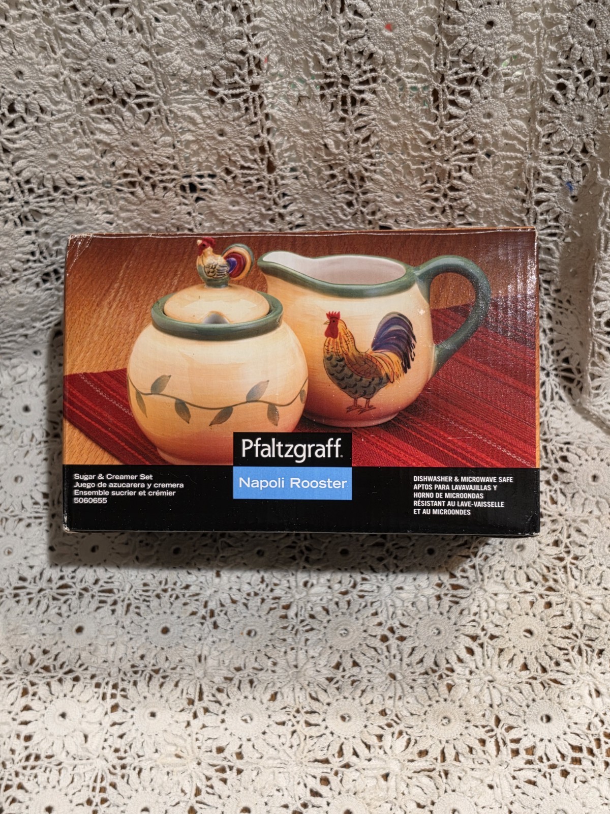 Pfaltzgraff Napoli Rooster hand-painted creamer and sugar bowl set~NEW 